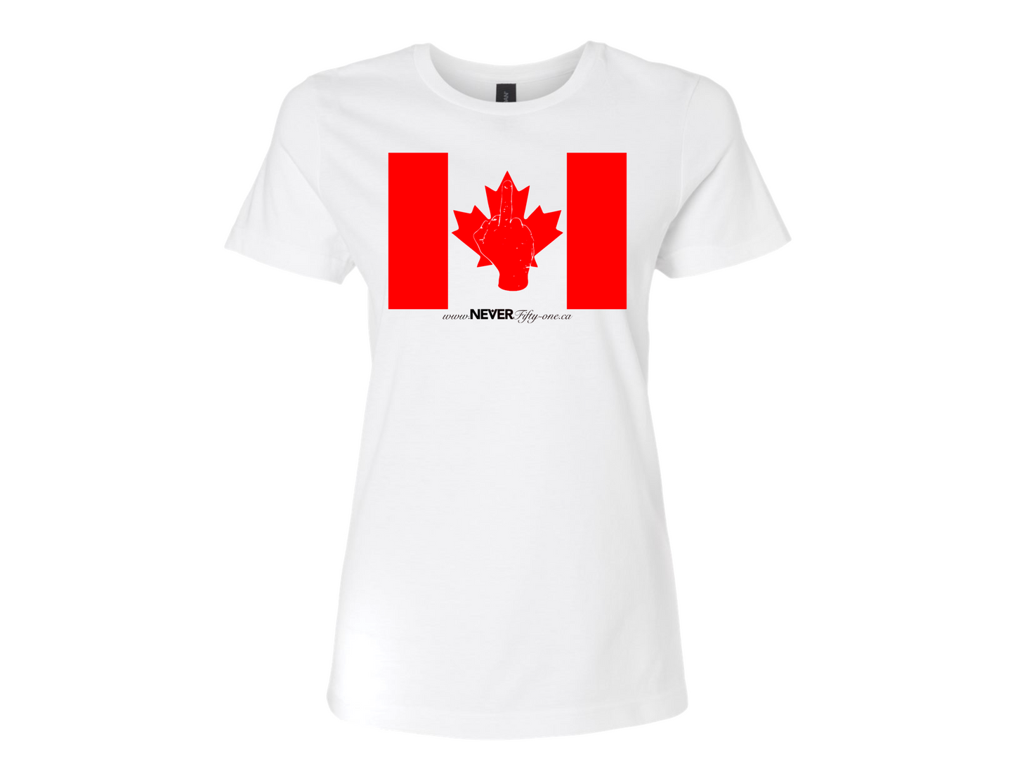 Womens NEVER Fifty-one Flag T-Shirt White Canadian Made (Premium)